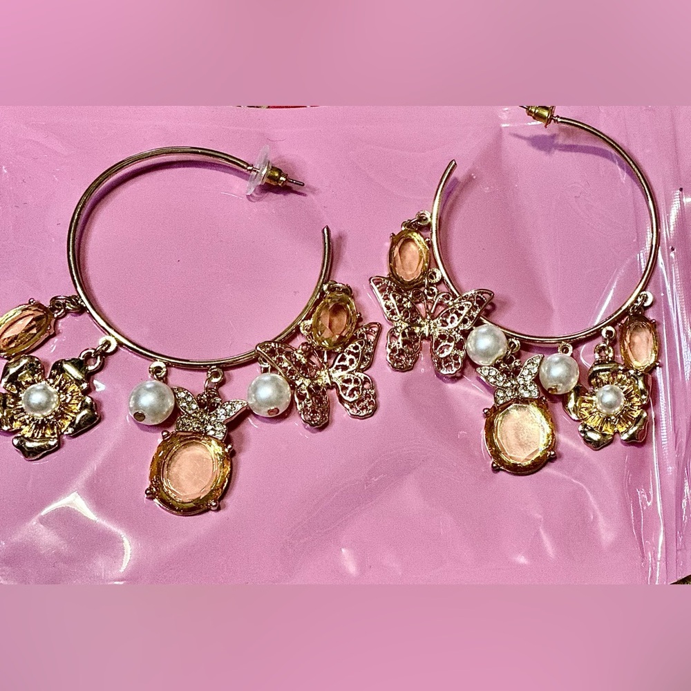 PROM Butterfly and gem/ charms gold hoop earrings